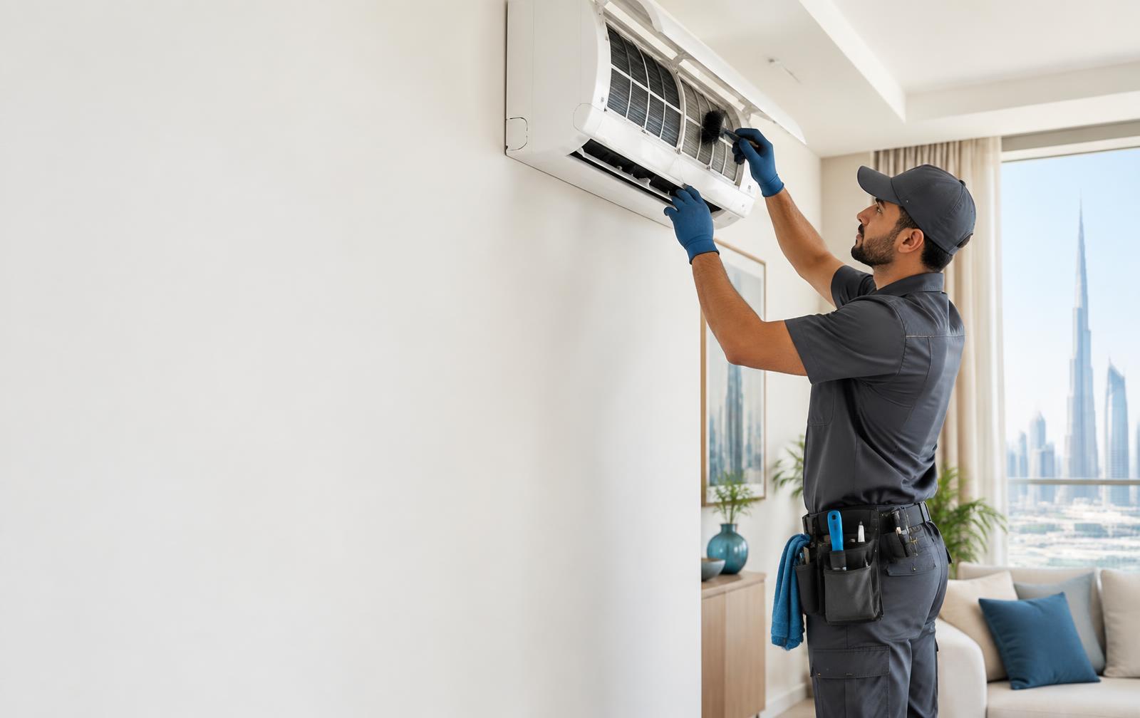 Licensed partner contractor servicing an air conditioner in a Dubai home
